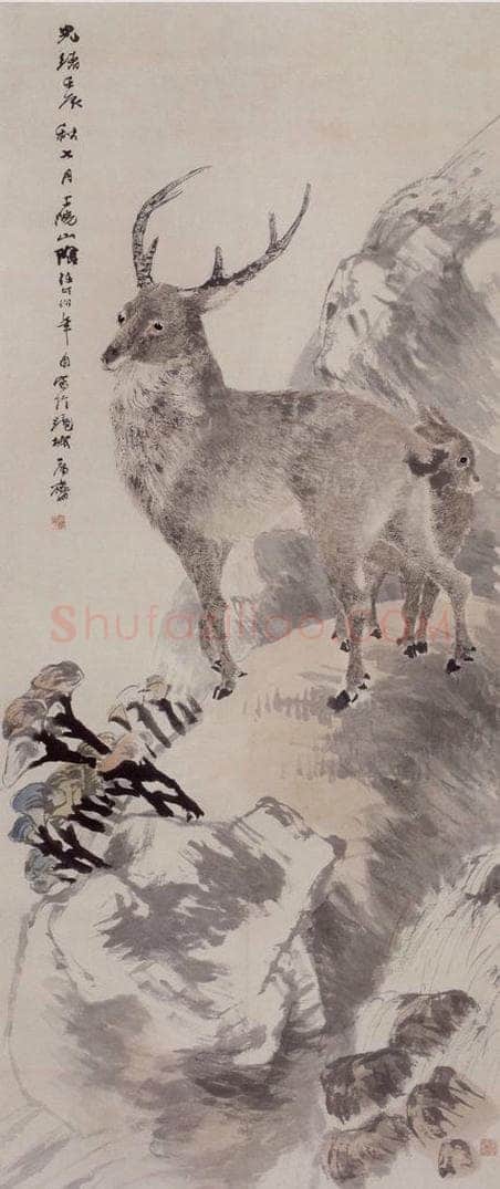 1892年 任伯年 《仙山双鹿图》 书画作品