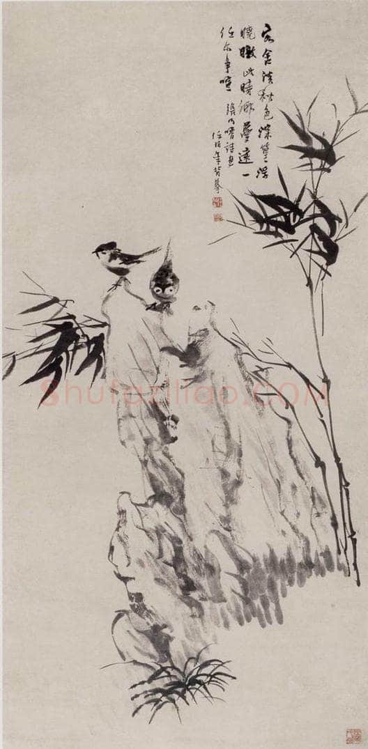 清 任伯年 《竹石双雀图》 书画作品