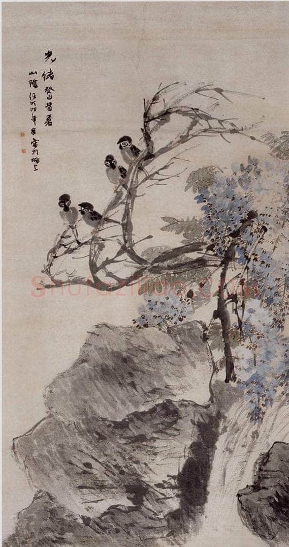 1893年 任伯年 《紫藤麻雀》 书画作品