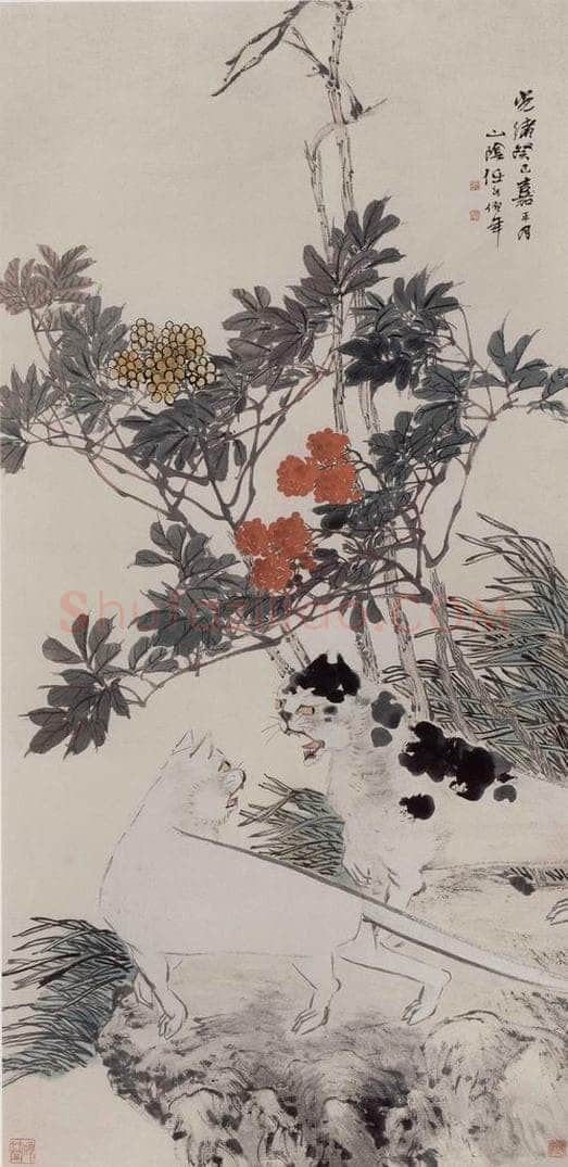 1893年 任伯年 《双猫花卉图》 书画作品