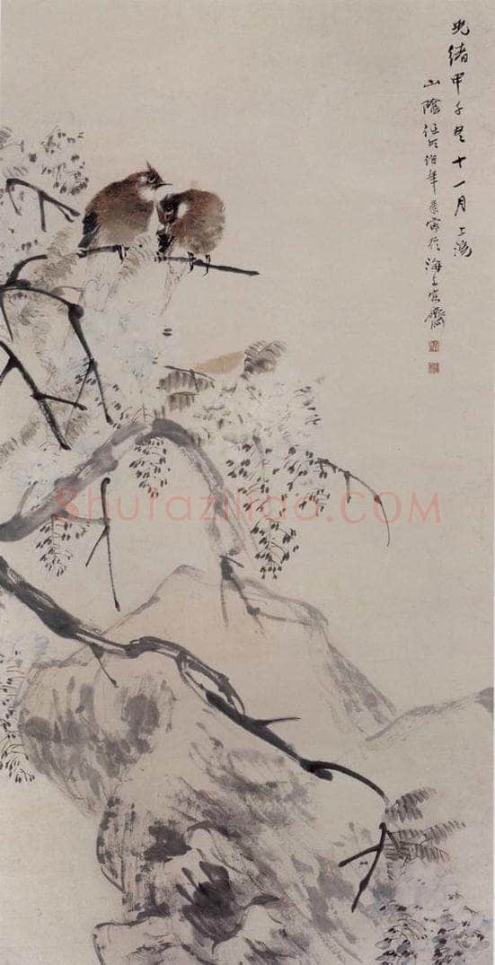 1894年 任伯年 《藤萝双禽图》 书画作品