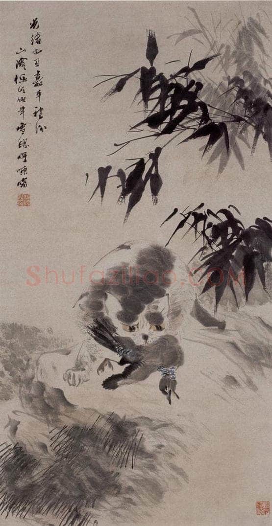 1889年 任伯年 《狸猫擒鸠图》 书画作品