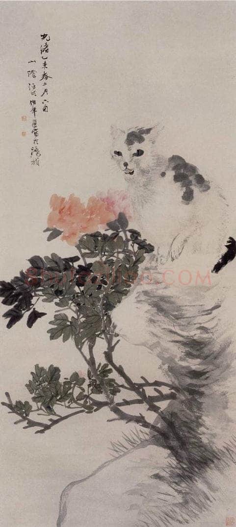 1895年 任伯年 《牡丹猫石图》 书画作品