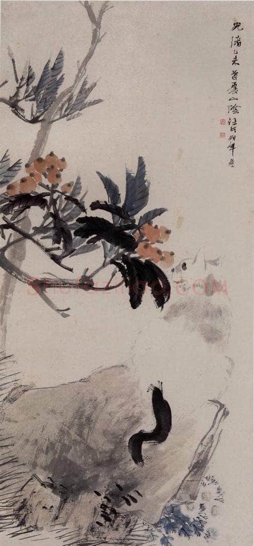 1895年 任伯年 《猫窥枇杷图》 书画作品