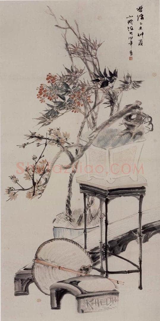 1895年 任伯年 《萧斋清供图》 书画作品