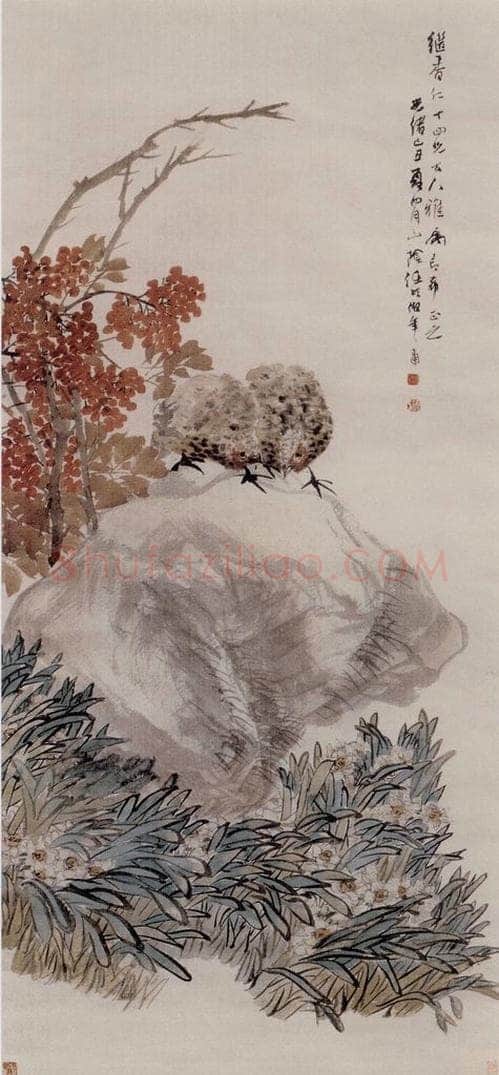 1889年 任伯年 《水仙鹌鹑图》 书画作品