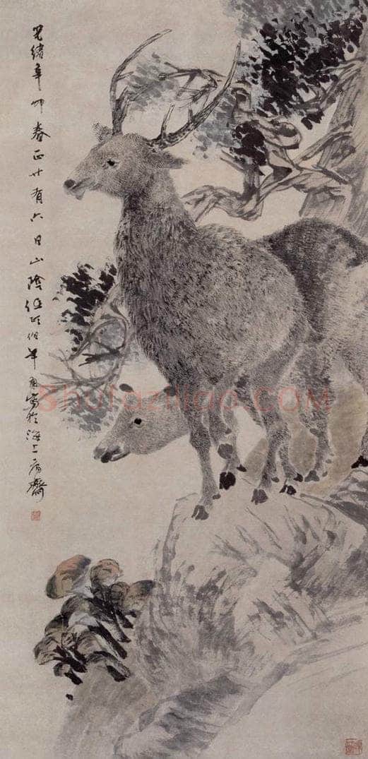 1891年 任伯年 《柏鹿图》 书画作品