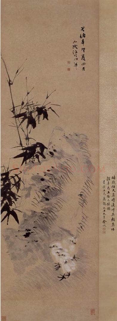 1891年 任伯年 《鸡石图》 书画作品