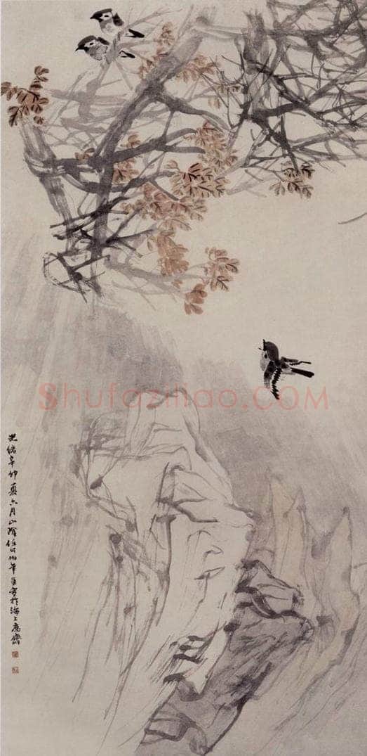 1891年 任伯年 《红枫鸣雀图》 书画作品