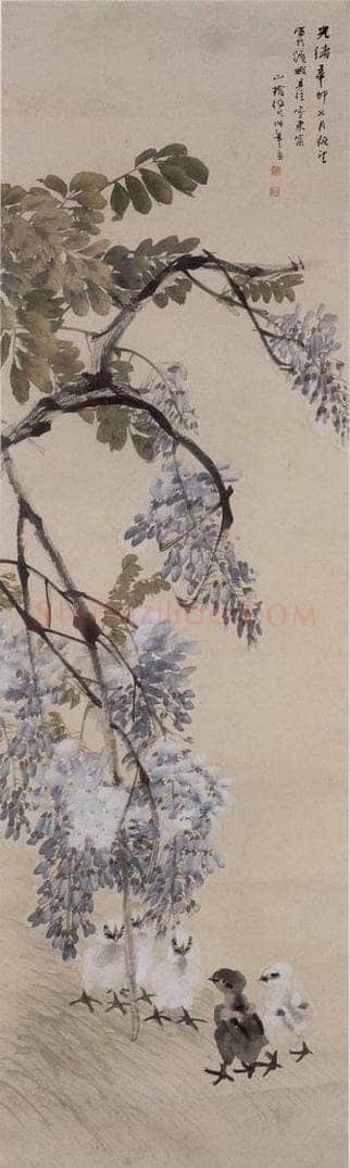 1891年 任伯年 《紫藤鸡雏图》 书画作品