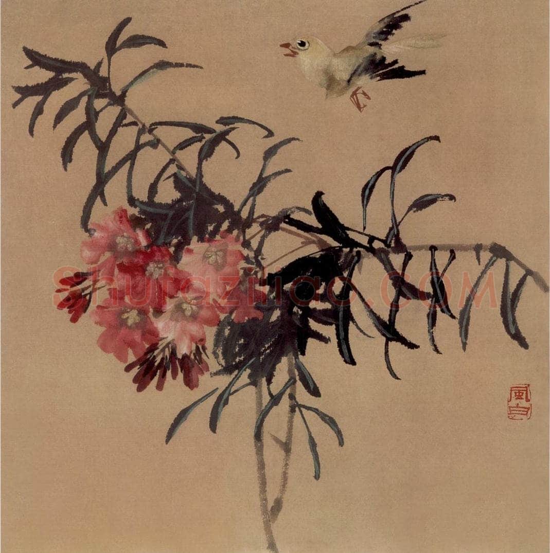 50年代 蒋凤白 《竹桃小鸟》 书画作品