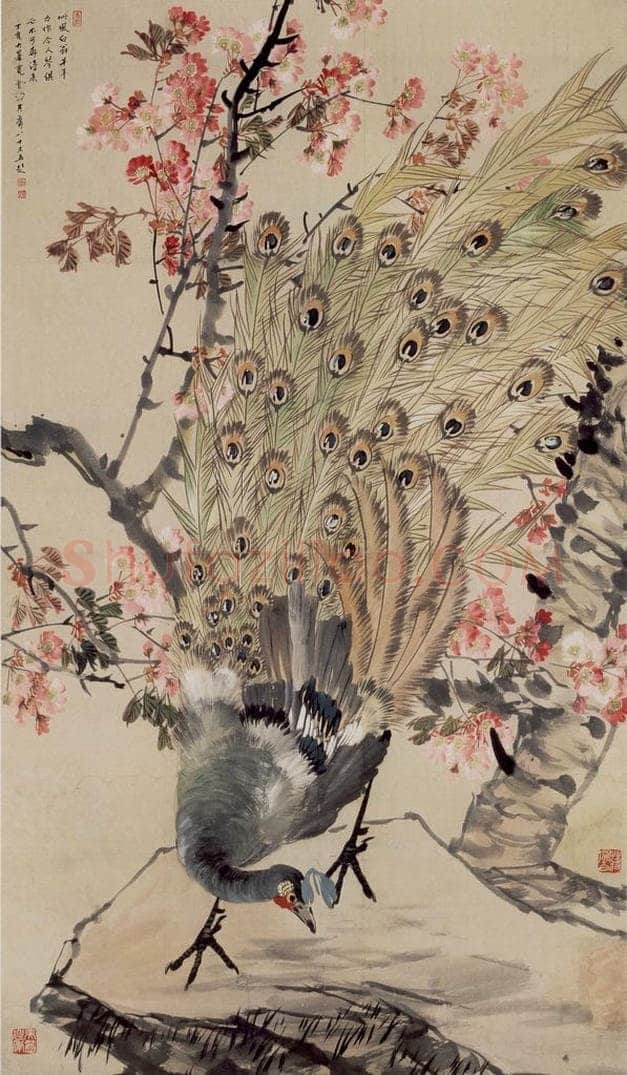 70年代 蒋凤白 《樱花孔雀》 书画作品