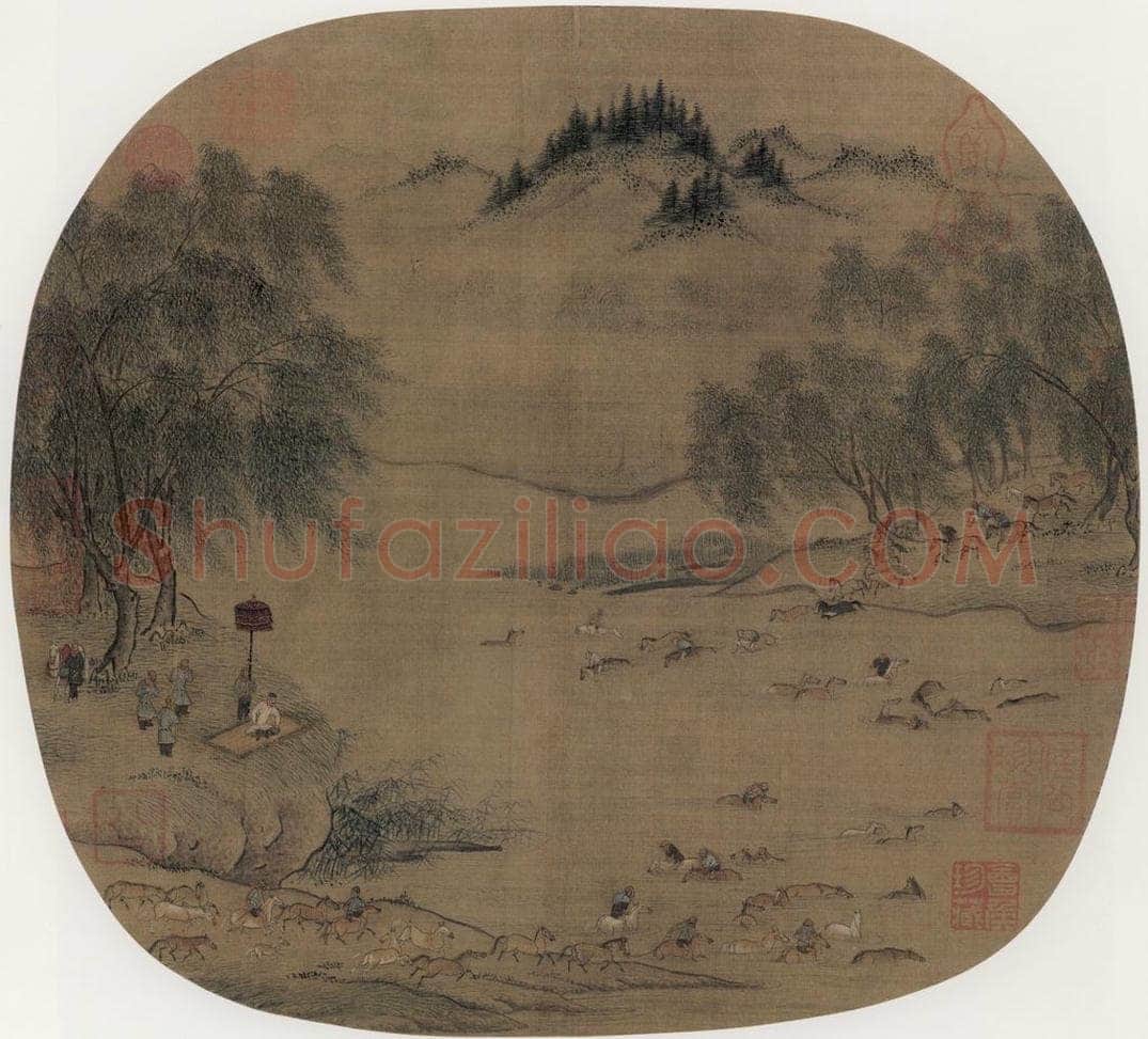 宋代 陈居中 《柳塘牧马图》 书画作品