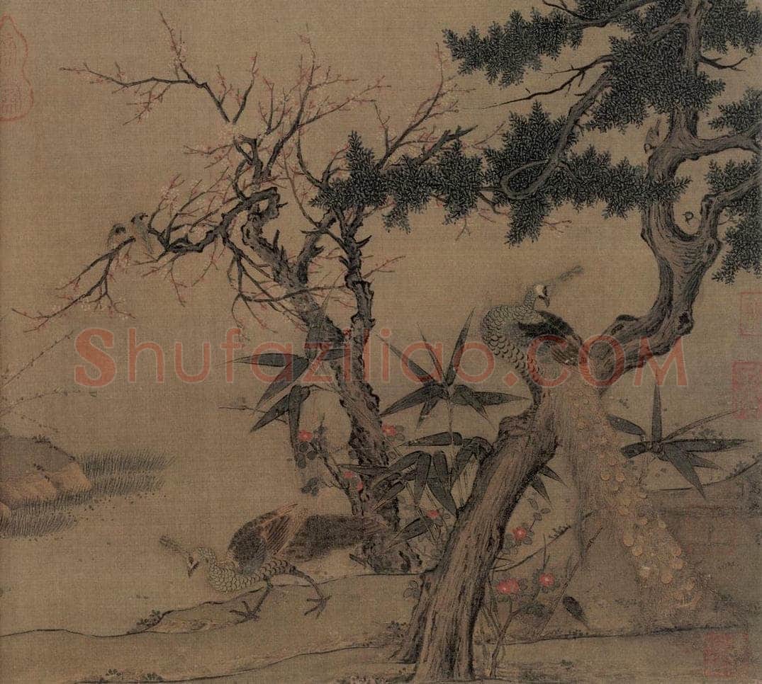 宋朝 佚名 《红梅孔雀图》 书画作品