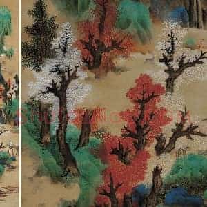 蓝瑛青绿山水画《白云红树图》立轴