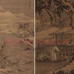 明 朱邦山水画人物画《寒江渔村图》