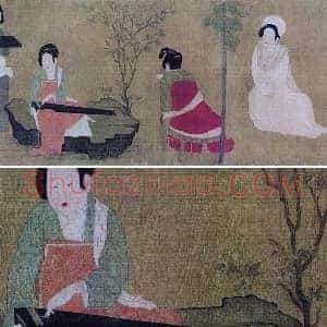 周昉仕女人物画《调琴啜茗图（弹琴仕女图）》