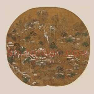 青绿山水楼阁《京畿瑞雪图》纨扇扇面