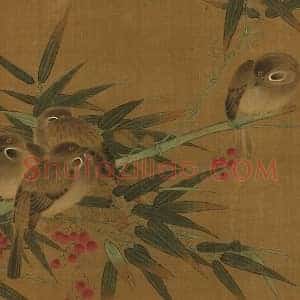 崔白花鸟画《竹雀樱桃图》