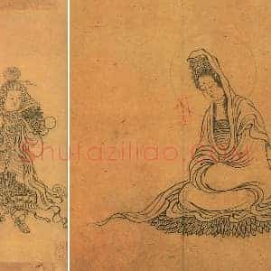 清人白描人物画《观音像与韦陀像》