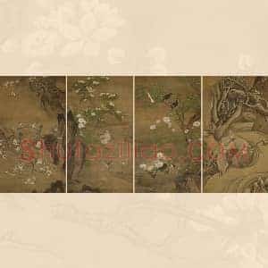 明 吕纪工笔花鸟《四季花鸟图》春夏秋冬四条屏组画