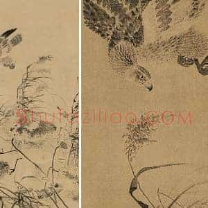 吕纪水墨花鸟《残荷鹰鹭图》轴