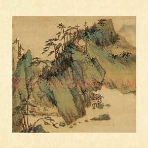 张雨森青绿山水画《松麓观江》页