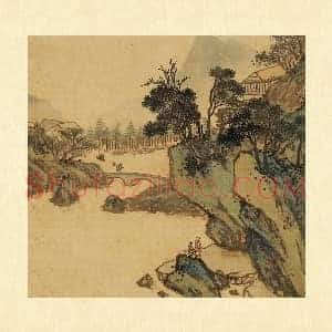 张雨森《崖下远眺》青绿山水页
