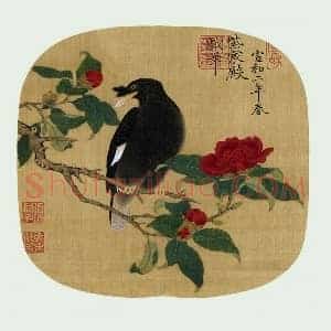 宋徽宗赵佶工笔画《山茶鸲鹆》团扇页