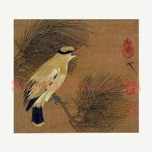 宋徽宗工笔画鸟《松枝黄鹂》页