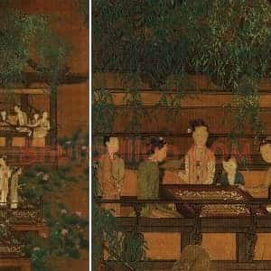 传周文矩《荷亭奕钓仕女图》轴