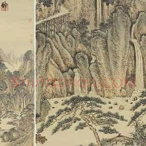 唐岱山水画《仿范宽秋山瀑布》轴
