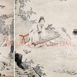 仇英山水人物画《停琴听阮图》