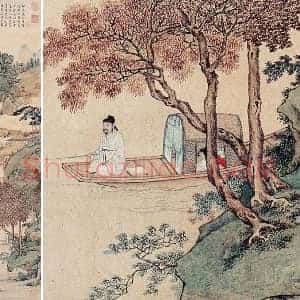 仇英青绿山水画《枫江垂钓图》轴