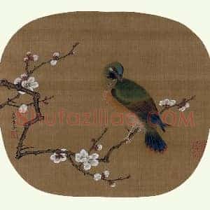 黄筌工笔花鸟画《白梅山鸟图》团扇页