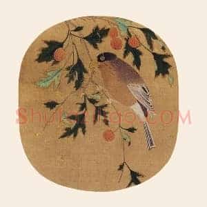 黄筌工笔花鸟《山禽得子图》团扇页