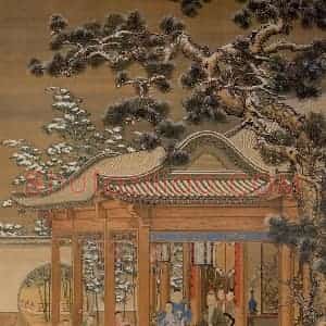 清代 郎世宁等《弘历雪景行乐图》国画综合工笔作品图片赏析