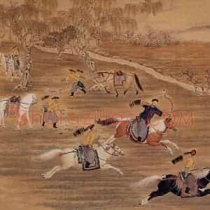 清代 郎世宁《弘历射猎图》国画综合工笔作品图片赏析