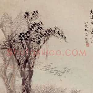 清代 任霞《秋林策杖图》国画山水作品图片赏析