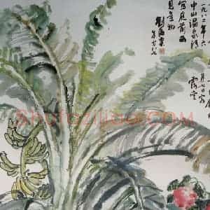 1982年 刘海粟《设色香蕉月季》国画花鸟作品图片赏析