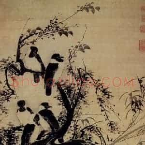 明代 林良《秋林聚禽图》国画花鸟作品图片赏析