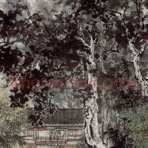 1961年 宋文治《杜甫草堂水榭》国画山水写意作品图片赏析