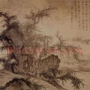 明代 唐寅《灌木丛篁图》国画山水作品图片赏析