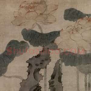 1640年 陈洪绶《红莲图轴》国画花鸟工笔作品图片赏析