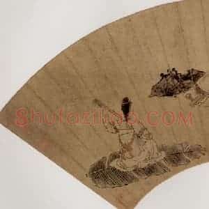 1647年 陈洪绶《倚石听阮图扇》国画人物工笔作品图片赏析