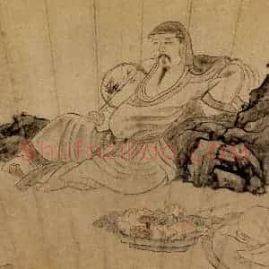 1647年 陈洪绶《倚石听阮图扇》国画人物工笔作品图片赏析