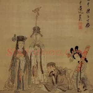 1649年 陈洪绶《饮酒祝寿图轴》国画人物工笔作品图片赏析