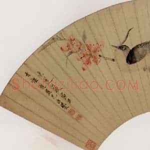 1649年 陈洪绶《绯桃孤鸟图扇》国画花鸟工笔作品图片赏析