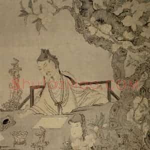 1650年 陈洪绶《李白宴桃李园图轴》国画人物工笔作品图片赏析