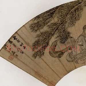 1663年 陈洪绶《松下对饮图扇》国画人物工笔作品图片赏析